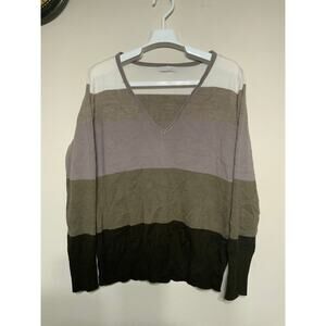 NY&Co Beige Brown Colorblock V-neck Sweater with Long Sleeves - USED